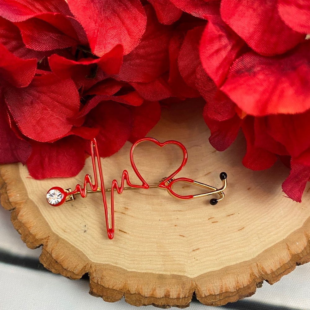 Red Heartbeat Stethoscope Brooch Lapel Pin - Picture 8 of 16